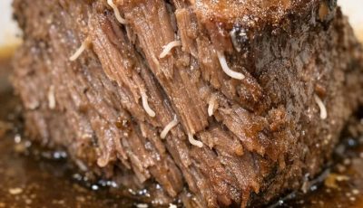 Pulled my beef roast out of the slow cooker and saw these weird white stringy things poking out of the meat. They look like little worms or parasites. Is the meat infested?